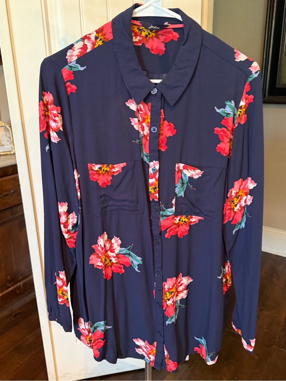 Floral Button-Up Shirt - Navy with Red Floral